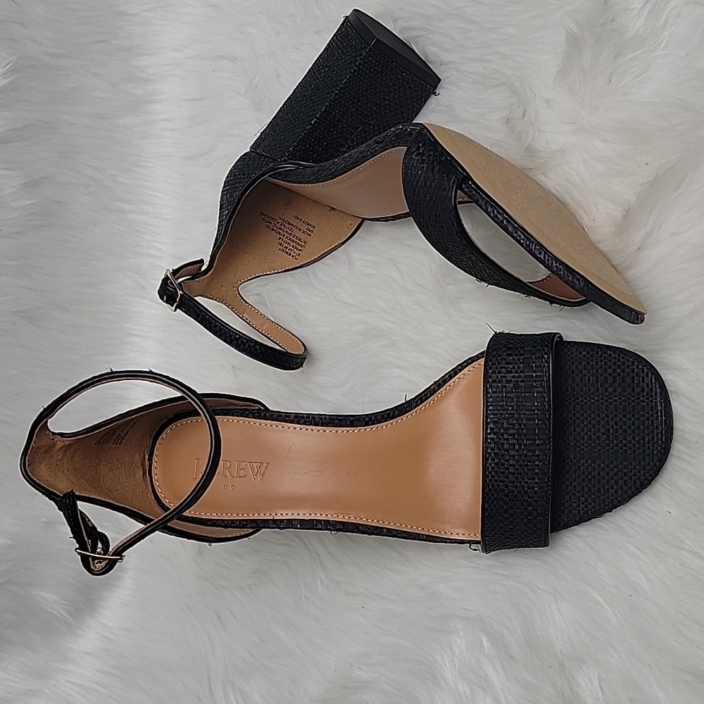 J.CREW Black Woven Raffia Open Toe Ankle Strap‎ Preppy Party Block Heel Sandals